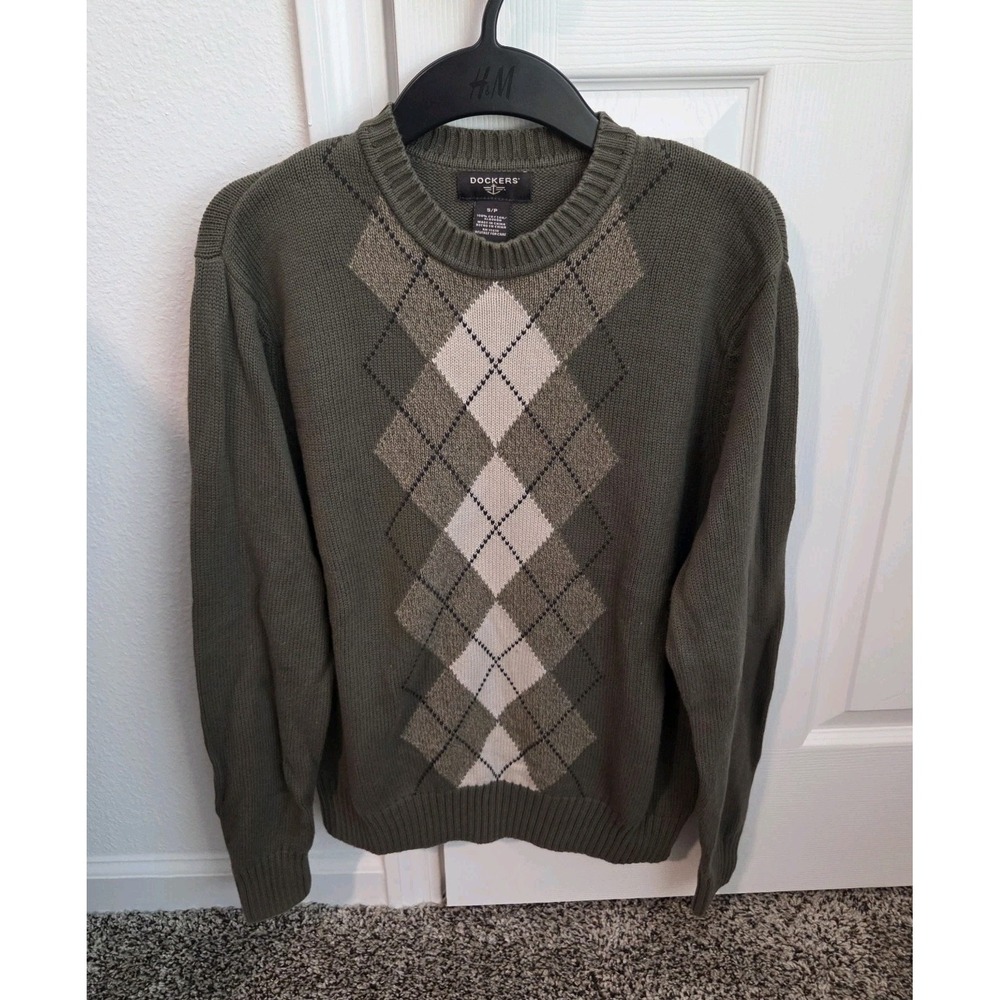 Dockers Men’s Argyle Crewneck Sweater S/P Olive Green Knit Casual Preppy Vintage